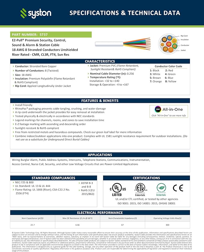 Syston 18/8 Low Voltage Security Sound Alarm Cable 200 ft 18 AWG 8 Conductors Stranded Copper Riser-Rated CMR/CL3R Unshielded 100% Copper Stranded,UV Resistant RoHS for Indoor/Outdoor Use