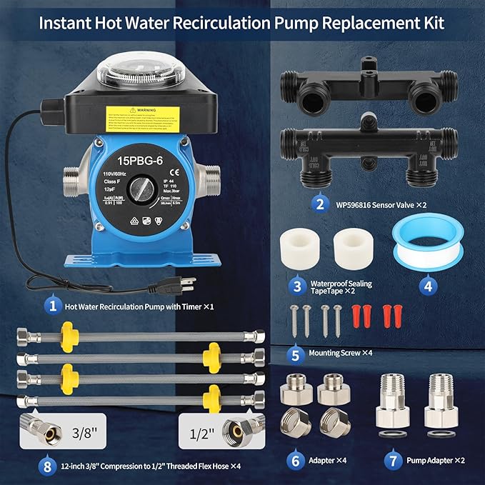 Compatible Watts 0955805,Grundfos 595916 OEM Hot Water Recirculating Pump Kit With Built-in Timer,Includes 2 Brass Sensor Valves(WP596816),4 Supply Lines,Super Quiet Get Instant Hot Water & Save.