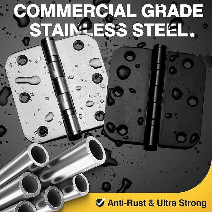 KOLET Ball Bearing Door Hinges, 3.5 Inches Door Hinges, 5/8'' Radius Corner Heavy Duty Stainless Steel Hinges, Smooth and Quiet, Non Removable Pin, Brushed Nickel, 3 Pack