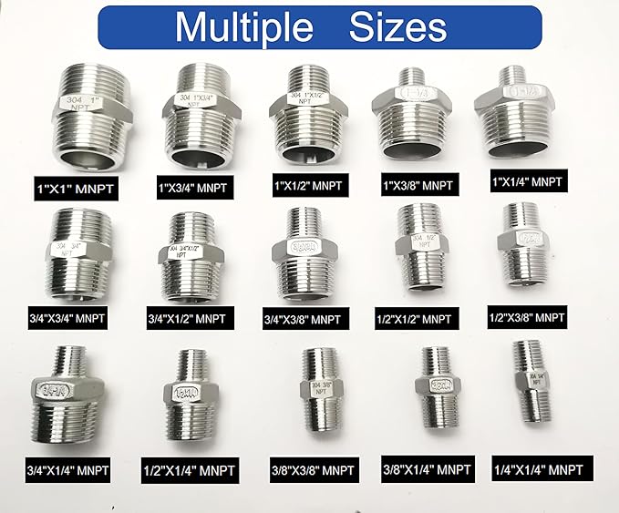 3/8" Male x 1/4" Male NPT Threaded Reducing Hex Nipple ，304 Stainless Steel Reducing Pipe Fitting Nipple Adapter With Teflon Plumbers Tape (Pack of 2)