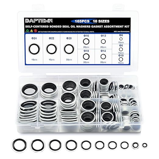 165PCS Bonded Sealing Washers, NBR Metric Zinc-Plated Steel Self-Centred Sealing Rubber Washers, Automotive Seal Gasket Crush O-Ring Assortment Kit Set M6 to M24