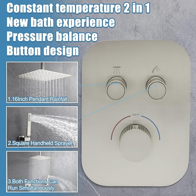Thermostatic 2 Way Shower Diverter Valve Kit Brushed Nickel - Solid Brass, Adjustable Flow, Temperature Control Mixer Valve - Perfect for Bathroom Renovation（Brushed Nickel）