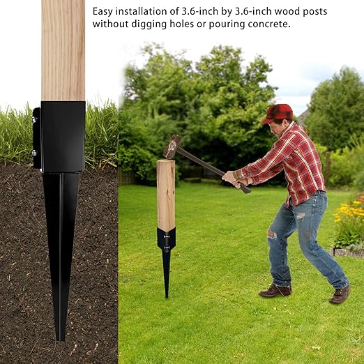 24 inch Fence Post Anchor Ground Spike Heavy Duty Metal Black Powder Coated Fence Stakes Post Base, 4x4 Inch (Inner Size 3.6"x3.6"), Pack of 4