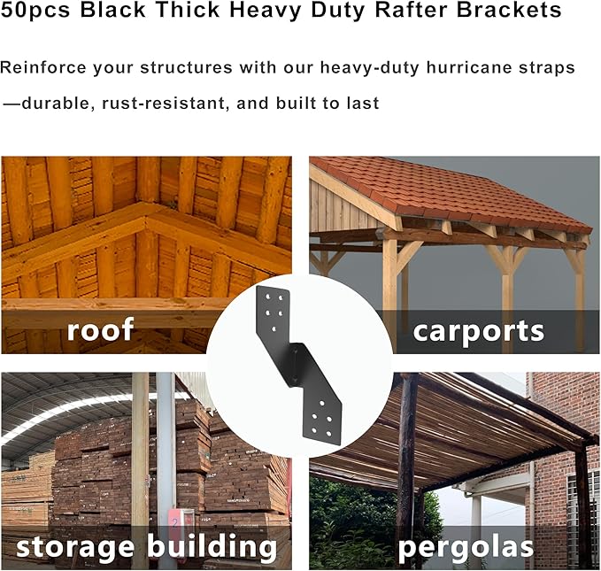 (50pcs) 16-Gauge Thick Hurricane Straps, Black Powder-Coated Rafter Ties, Heavy Duty Left Rafter Brackets, Strong Hurricane Clips, Tie Brackets for House, Roof Trusses, Shed, Building (Left)