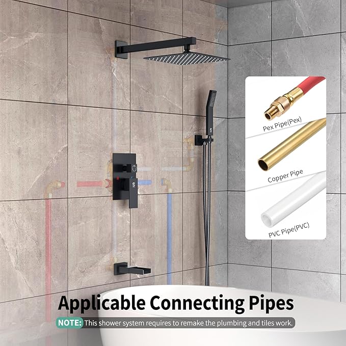 SR SUN RISE 10 Inches All Metal Bathtub Faucet Set Shower System with Tub Spout Square Rain Shower Head and Handheld Combo Shower Fixtures, Modern Valve and Trim Kit, Matte Black