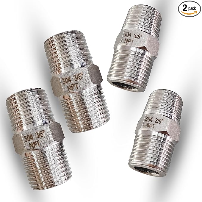 3/8" Male to Male NPT Hex Nipple Pipe Fittings, 304 Stainless Steel 3/8 inch MNPT Threaded Pipe Adapter Equal Straight Nipples Connector Fitting, 4pcs