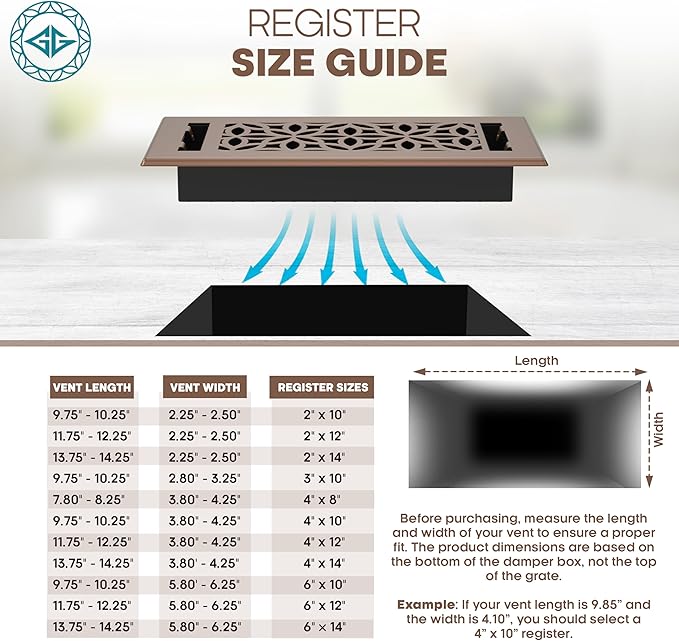 Floor Register 4x10 Vent Cover – 8 Pack – Heavy-Duty Steel, Rustproof & Walkable Grates, Drop-in Install, Adjustable Air Supply Switch - Decorative Floral Design, Satin Bronze