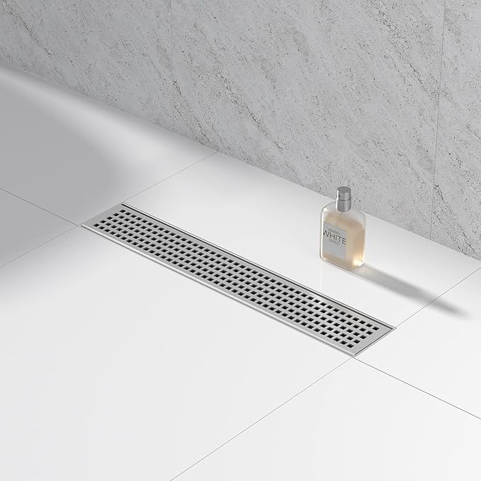 Linear Shower Drain 18", 304 Stainless Steel Floor Drain with Grid Drain Cover & Hair Strainer, Rectangular Shower Drain w/CUPC Certified, Brushed
