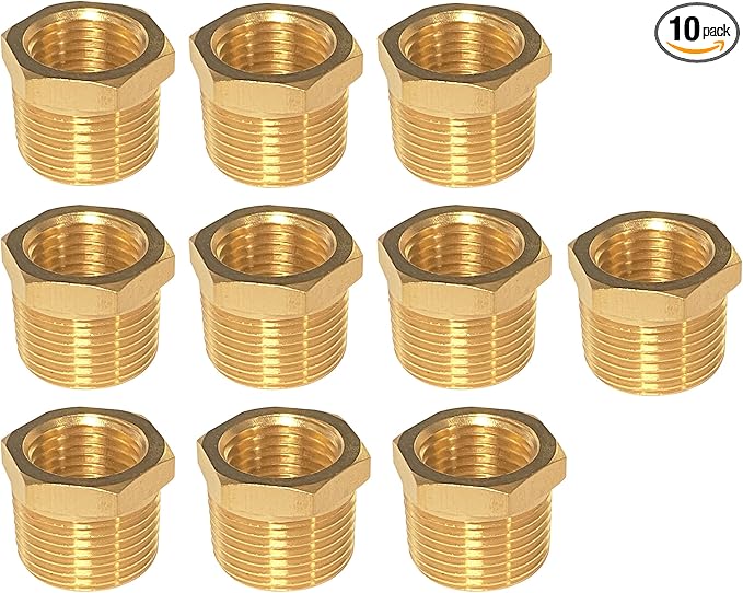 YOUHO 1/2 to 1/4 reducer Brass Threaded Pipe Fitting 1/2 Inch NPT Male x 1/4 Inch NPT Female Hex Bushing Adapter (Pack of10)
