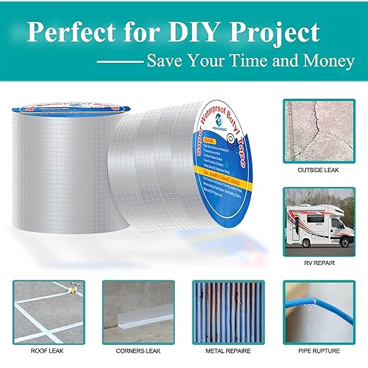 Super Waterproof Butyl Tape and Patch for Seal Repair, Adhesive Duct Tape with Aluminium for Pool Metal RV Roof Pipe Awning Hose Window, 4 in by 16-1/2 FT