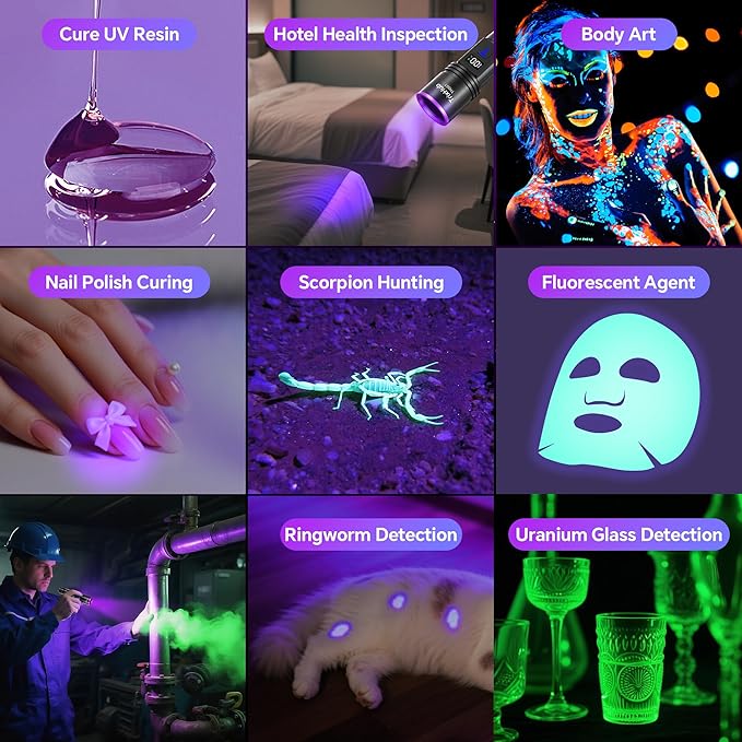 365nm Black Light Flashlight, UV Flashlight Rechargeable with LCD Display, Powerful Ultraviolet Lights for Pet Urine Detection, Resin Curing, Blood Tracking, Scorpion, Uranium Glass, A/CLeak