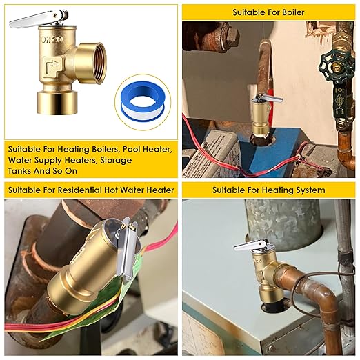 30 PSI Pressure Relief Valve, Boiler Relief Valve with 3/4" Female NPT x 3/4" Female NPT, PTFE Thread Seal Tape, Brass, for Hot Water and Cold Water Systems
