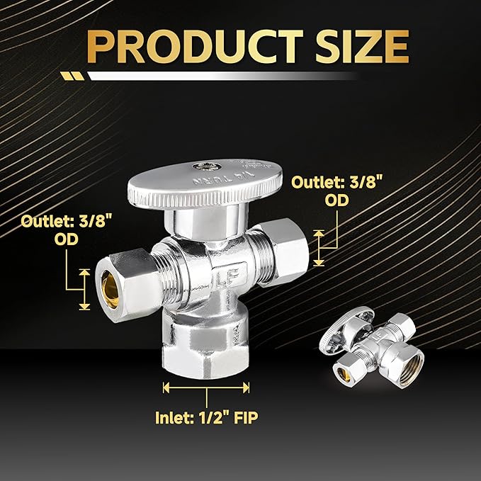 10-Pack Foskan Dual Outlet Angle Stop Valve,1/4 Turn Shut off Valv,1/2" FIP x 3/8" OD x 3/8" OD,Chrome Plated Brass