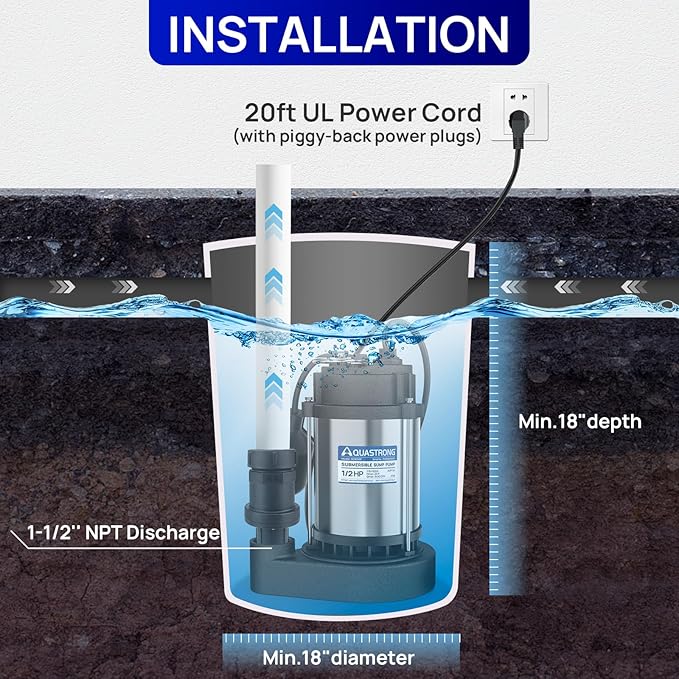 AQUASTRONG 1/2 HP Sump Pump Submersible, 3830 GPH Stainless Steel and Cast Iron Sump Pump, Automatic Float Switch with Piggy-back Plug,1-1/2" NPT Discharge Subpumps for Basement and Flooding Area