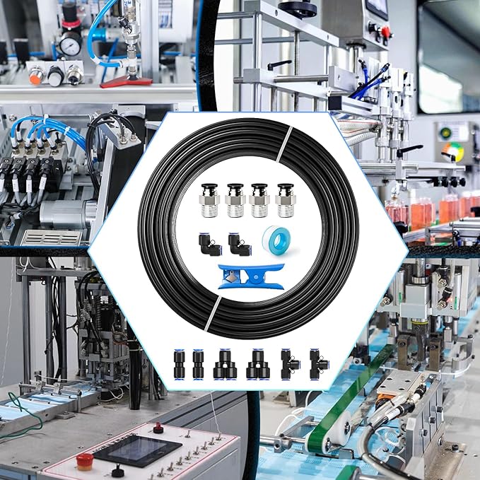 mxuteuk 1/4" Air Line Tubing Kit,1/4" Air Hose Kit,1/4 Inch(6.35mm) OD x 32.8 Feet PU Tube with Push to Connect Fittings(15PCS)