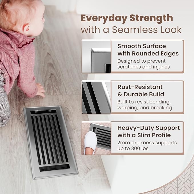 Floor Register 4x10 Vent Cover – Heavy-Duty Steel, Rustproof & Walkable Grates, Easy Drop-in Install, Adjustable Air Supply Switch - Decorative Straight Line Design, Brushed Nickel