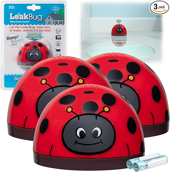 Water Leak Monitoring Sensor with Alarm 3 Pack - Leak Bug Electronic Water & Flood Leak Detector - Detects as Little as 1/32" of Water - Overflow Alert Sensor Beeps Loudly When Water is Detected
