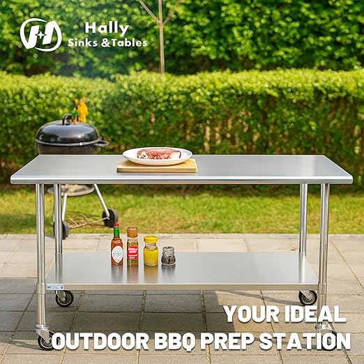 Hally Stainless Steel Table for Prep & Work 30 x 48 Inches with Caster Wheels, NSF Commercial Heavy Duty Table with Undershelf and Galvanized Legs for Restaurant, Home and Hotel