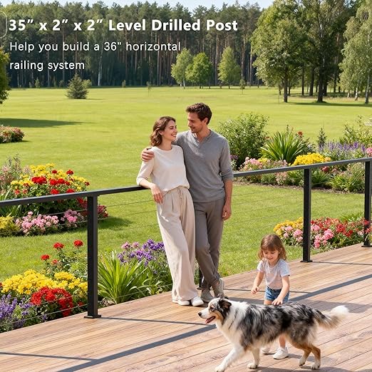 Upgraded Swageless Level Drilled Cable Railing Post 36"(Post 35"x2"x2"), Heavy-Duty Fixed Top Line Post with Cable Grommets, T304 Stainless Steel, Black Powder Coated for Outdoors Decks