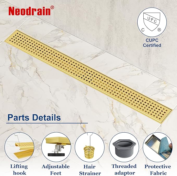 Neodrain 24-Inch Brushed Brass Linear Shower Drain with Removable Quadrato Pattern Grate, 304 Stainless Steel Gold Rectangle Shower Floor Drain, Bathroom Linear Drain & Hair Strainer, CUPC Certified