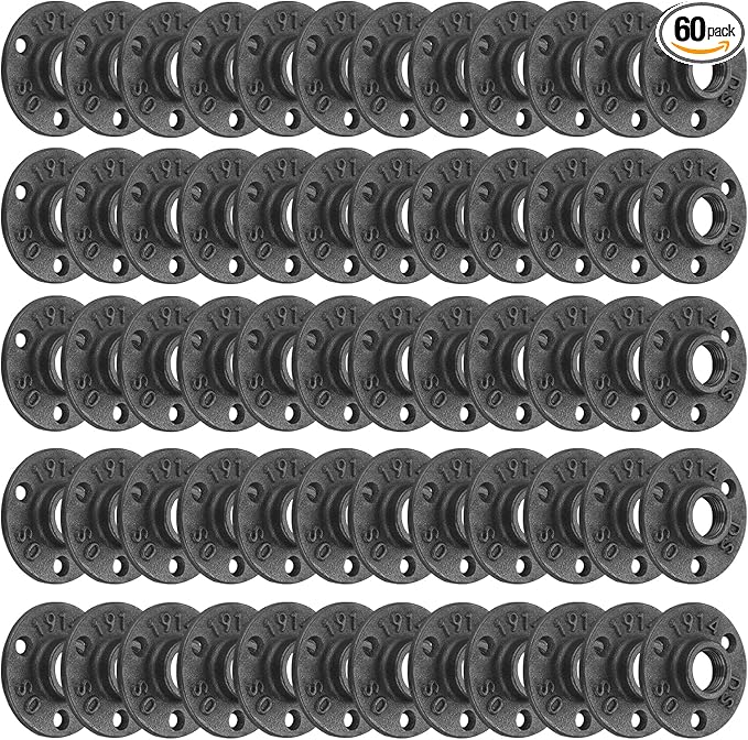 1/2" Floor Flange, 60 Pack MalleableIron Threaded Pipe Flange for Industrial vintage style, Flanges with Threaded Hole for DIY Project/Furniture/Shelving Decoration (60, 1/2 Inch)
