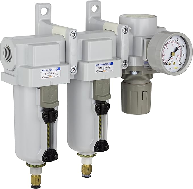 PneumaticPlus SAU470-N04DG-MEP 4 Stage Compressed Air Drying System - Particulate Filter, Coalescing Filter, Pressure Regulator & Water Separator, 1/2" NPT - Auto Drain, Metal Bowl for compressor