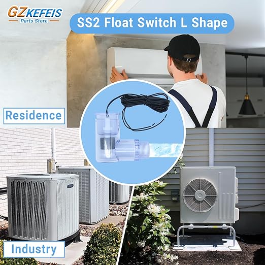 SS2 Float Switch L Shape, Compatible with Safe-T-Switch for HVAC Drain Pan Condensate Outlet, AC Water Level Switch with 3/4 Inch Adapter and 6Ft Wire (1, Transparent Blue)