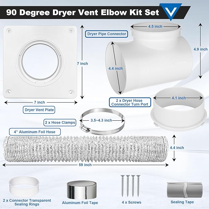 Dryer Vent Connector Kit, 90 Degree Dryer Vent Elbow 4" Dryer Vent Hose with Wall Plate Screws Clamp Sealing Tape Set Indoor Vents Duct Pipe Tube Connection Connection Adapter for Tight Space