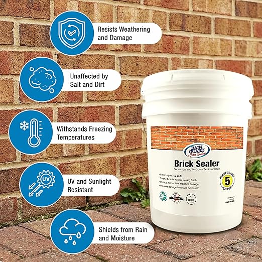 Rainguard Water Sealers Brick Sealer, Penetrating Protection Against Rain and Moisture Damage, for All Brick and Mortar Surfaces, Silane/Siloxane Waterproofer, Natural Finish, Ready to Use, 5 Gallons