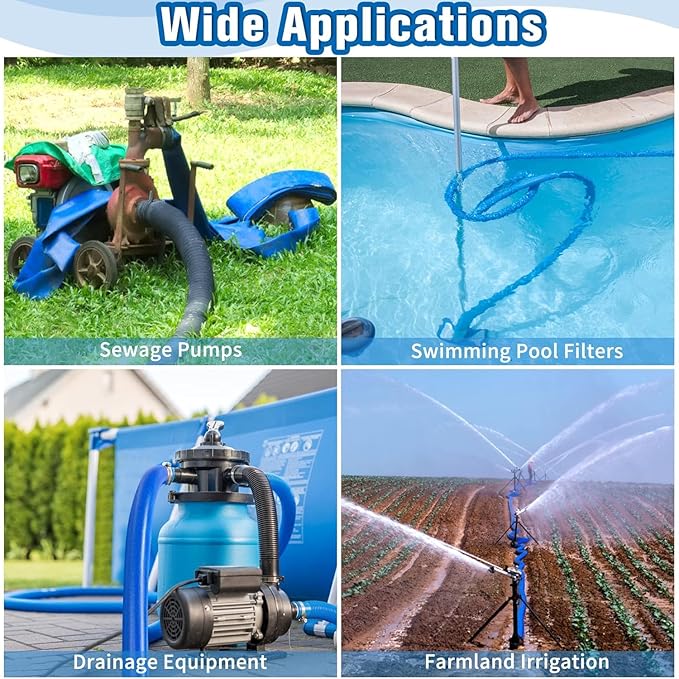 MYFAMIREA 1.5IN x 110FT Pool Backwash Hose Heavy Duty Drain Discharge Double PVC Layflat Hose with 2 Clamps, Weatherproof Burst Resistant for Water Transfer, Sump Pump, Pool Filter, Drain (33.6M,Blue)