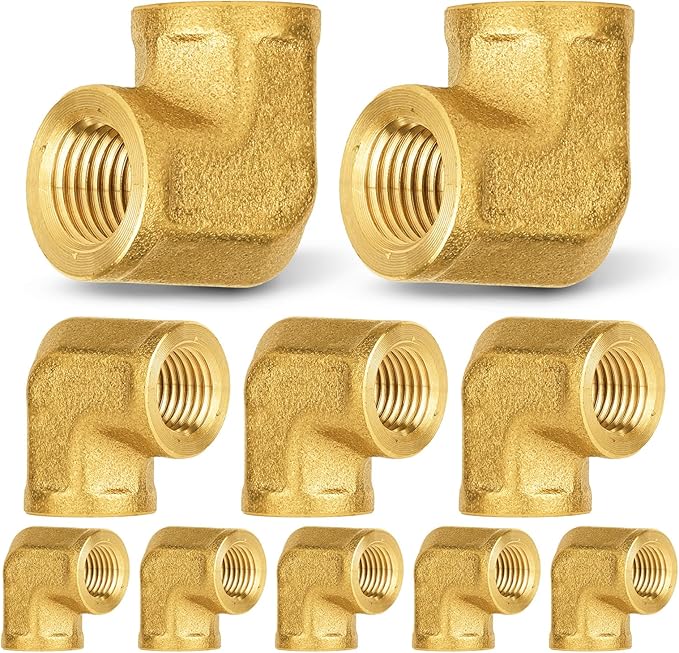 10-PCs HeSun Brass Pipe Fitting, 1/4" x 1/4" NPT Female 90-Degree Barstock Street Elbow
