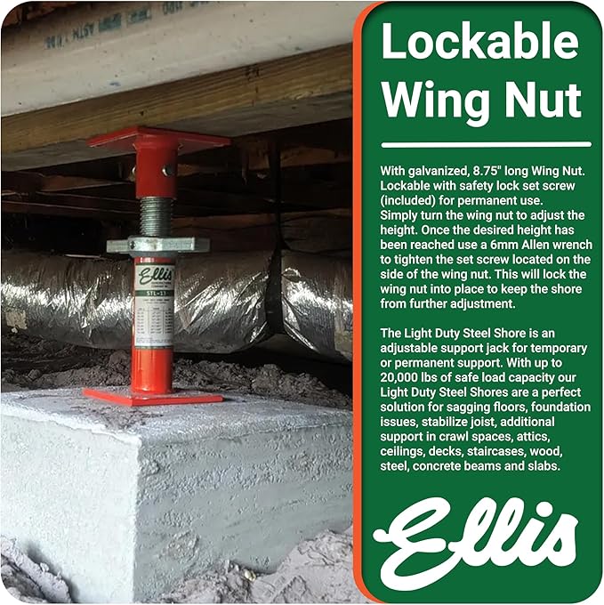 Ellis Manufacturing Light-Duty Steel Lifting Shore and Jack Post – House Jack for Foundation, Floor Leveling, and Concrete Bracing – 20,000 lb Safe Load Capacity – 13"-17" Adjustment