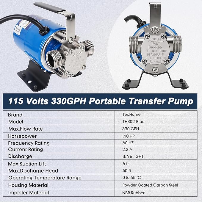 Pump with Hose, 115V 1/10HP 330GPH Power Water Pump Transfer Drain Pump, with Suction Hose Kit.