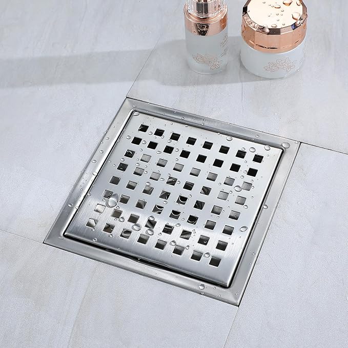4 Inch Square Shower Floor Drain, Stainless Steel Black Shower Drain Kit with Flange, Floor Drain with Removable Grid Cover,Brushed Nickel (Brushed Nickel, 4 inch)