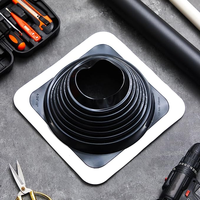#6 Metal Roof Vent Boot Chimney Flashing Roof Jack Pipe Vent for Pipe OD 5 to 10 Sleeve Square Base Epdm (12 Inch, Black)
