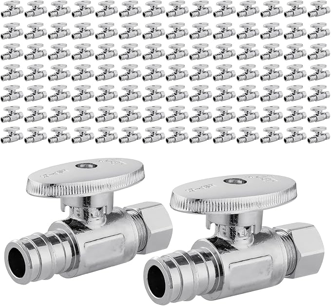 100 PCS EFIELD Stop Valve Pex-a 1/4 Turn Straight 3/8" OD Compression X 1/2" Expansion (F1960), Chrome Plated Brass,(VALVE101-100PCS)