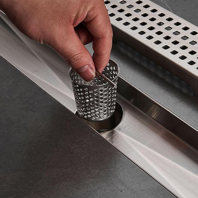 Linear Shower Floor Drain, Brushed Nickel 40 Inch 304 Stainless Steel Bathroom Drains Kit, Long Rectangular Shower Trench Drain with Square Pattern Drain Cover & Hair Catcher
