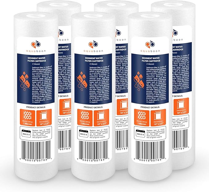 Aquaboon 1 Micron Whole House Sediment Filter 10 x 2.5 for RO & Well Water Filters Replacement Cartridges Compatible with AP110, WHKF-GD05, 6 Pack