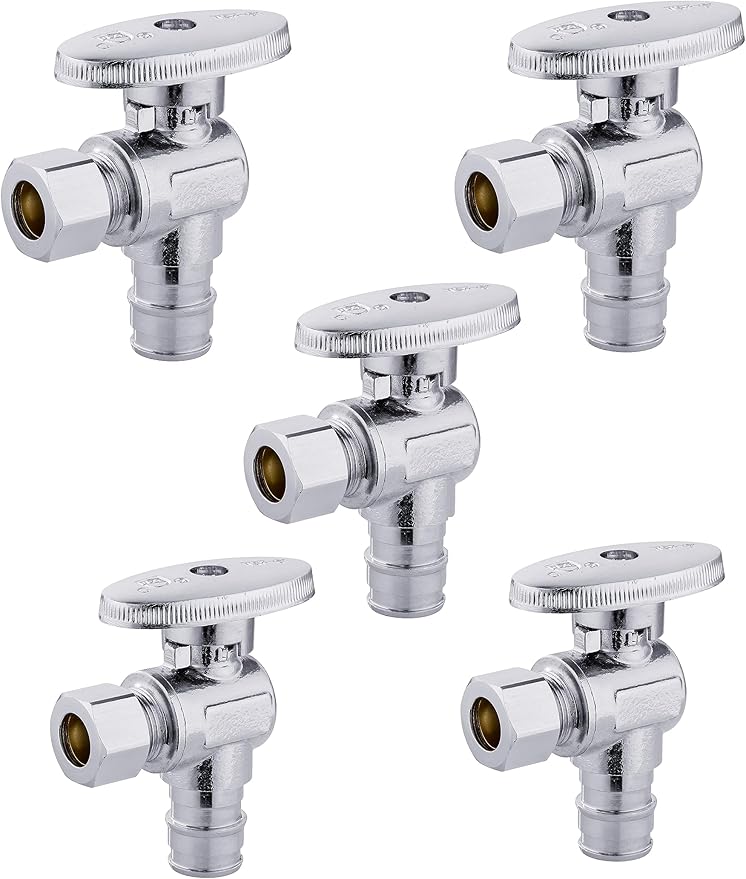 5-Pack EFIELD Pex-a 1/4 Turn Angle Stop Valve 3/8" OD Compression x 1/2" Expansion (F1960) Chrome Plated Brass,(VALVE094-5PCS)