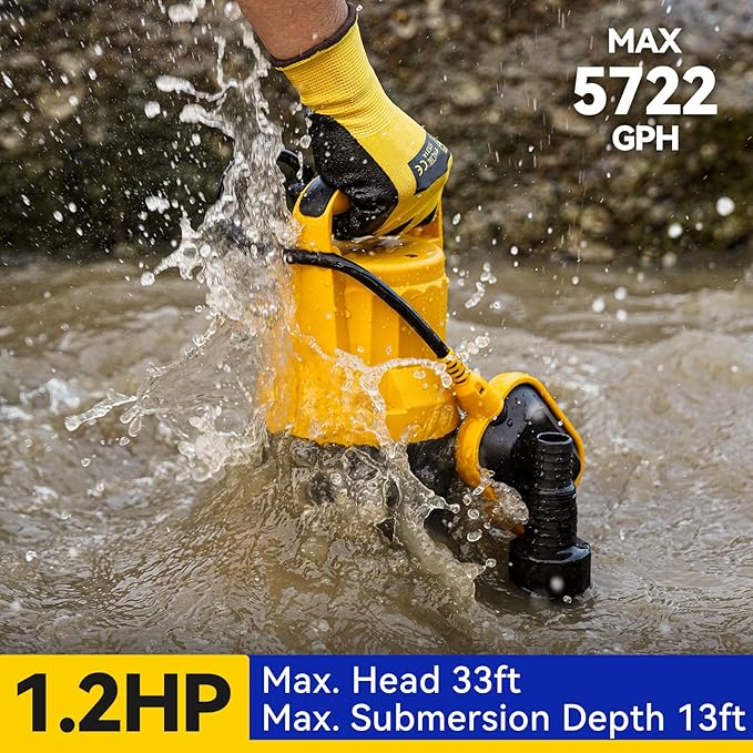 Acquaer 1.2HP Sump Pump 5722GPH Submersible Pump with Automatic Float Switch, Clean/Dirty Water Removal for Basement, Hot Tub, Pools, Garden Pond