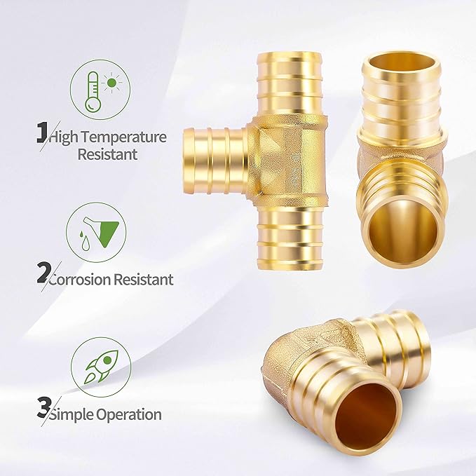 18 PCS 1/2 inch T PEX Tee(4PCS) & 90 Degree Elbow(6PCS) & Straight Coupling 1/2" (8PCS) Lead-Free Brass Barb Crimp Pipe Fitting/Fittings
