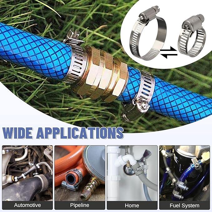 200 PCS Hose Clamp Assortment Kit 304 Stainless Steel Hose Clamps Adjustable 1/4"-2"(6-51mm) Worm Gear Clamps for Fuel Line, Plumbing, Automotive, Pipe, Radiator, Garden
