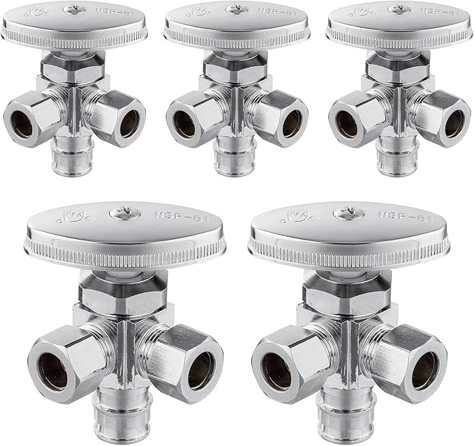 (Pack of 5) Seelink Multi-Turn Dual Outlet Angle Stop Valve, 1/2" Pex-a Expansion F1960 Pipe Inlet x (3/8 inch x 3/8 inch) Compression Outlets, Chrome Plated Brass