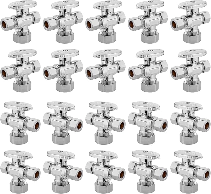 20-PCs HeSun Dual Compression Outlet Angle Stop Valve, 1/2" Nominal (5/8"OD) x 3/8" OD x 3/8" OD Compression, 1/4-Turn Shut Off Valve for Bathroom, PEX Chrome Plated Brass(VALVE123-20)