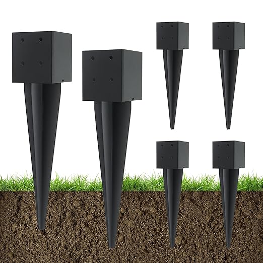 6 Pcs 4"x4" Fence Post Anchor Ground Spike 16"(Actual 3.6"x3.6") Heavy Duty Metal Fence Post Anchor with Black Powder-Coated for Deck,Fence,Porch,Railing,Mailbox