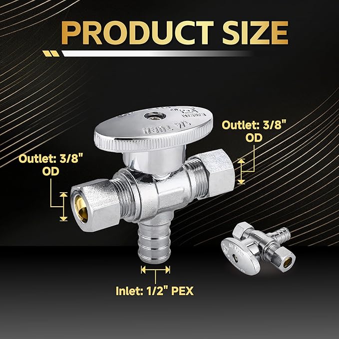 20-Pack Foskan Dual Outlet Angle Stop Valve,1/4 Turn Shut off Valve,1/2" PEX x 3/8" OD x 3/8" OD,Chrome Plated Brass