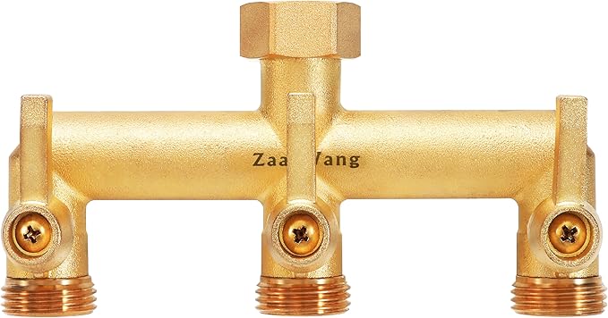 Heavy Duty Brass 3-Way Garden Hose Splitter with Metal Shutoff Valve and Long Handle Outdoor Faucet Diverter, 3/4’ GHT Threads