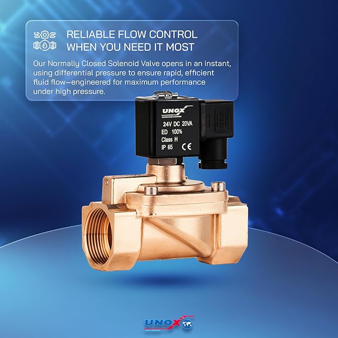 UNOX 1 1/4" NPT Solenoid Valve 24V DC, Brass Control Valve Normally Closed - 7-232 PSI Multi-Purpose Reliable Control Valve for Water, Air, and Gas - Solenoid Valves