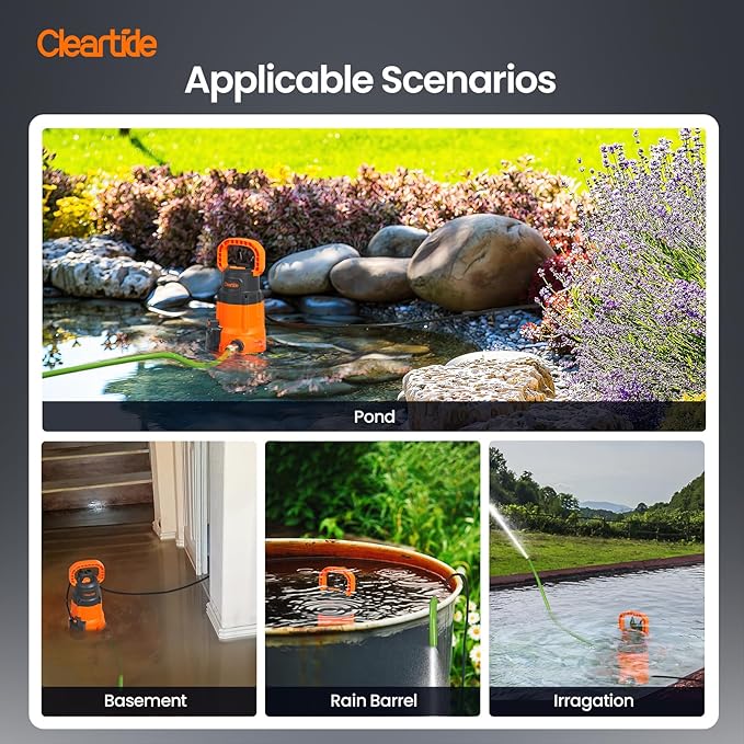 Cleartide Submersible Sump Pump, Smart Water Sensor Auto On/Off, Manual/Auto Mode, 1/3HP 2790GPH Multi-Use Utility Water Pump for Pool/Basement/Garden Drainage