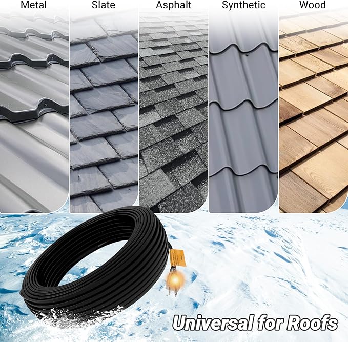 100FT Heat Tape for Roof and Gutters, 8W/FT Roof Snow De-Icing Kit w/ 45PCS Clips & Spacers, Self-Regulating Heat Cable, Roof Heat Tape for Ice Dam & Pipe Freeze Prevention, 120V, LED Plug
